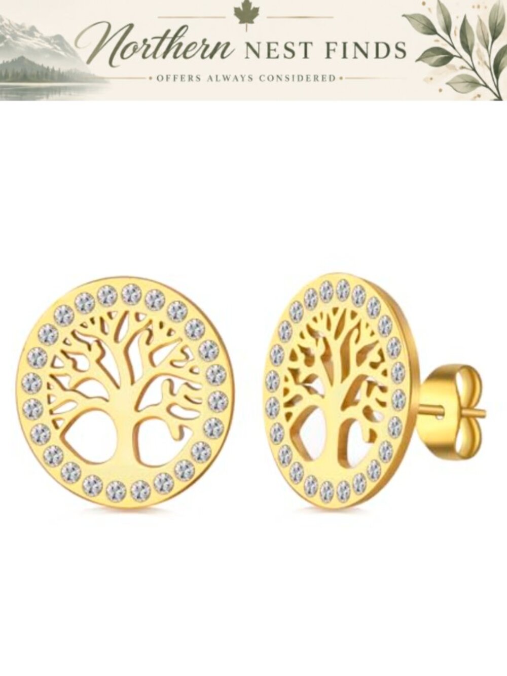 Stainless Steel Tree of Life Earrings Clear Zircon Round Drop Dangle